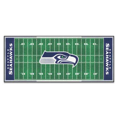 Seattle Seahawks football field runner mat featuring team logo and field design, ideal for sports-themed home decor.