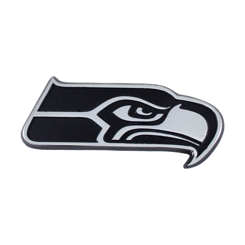 Seattle Seahawks chrome emblem by Logo Brands, featuring the team logo and metallic finish for display or fan gear.