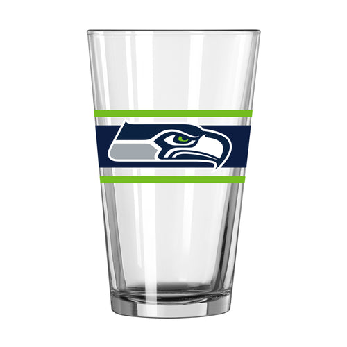 Seattle Seahawks 16oz stripe pint glass, Logo Brands drinkware featuring team logo and blue and green striped design.