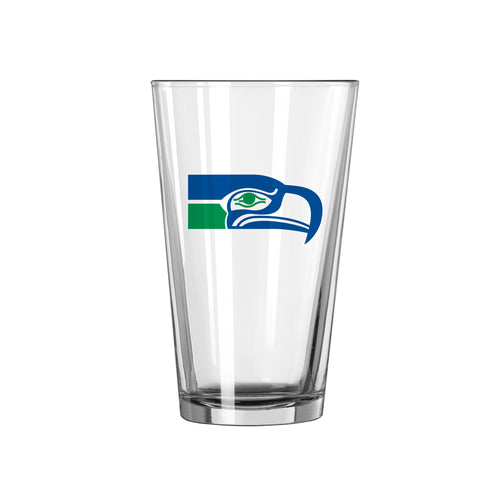 Seattle Seahawks 16oz retro pint glass featuring team logo, perfect for sports fans and collectible drinkware.