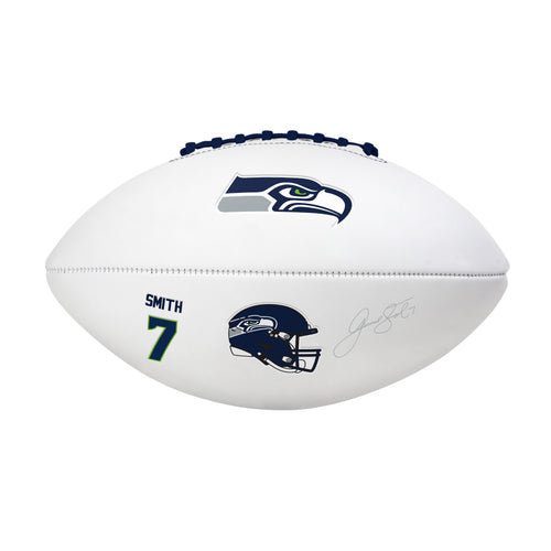 Seattle Seahawks Geno Smith autographed full-size football, Logo Brands recreation sports memorabilia with signature visible.