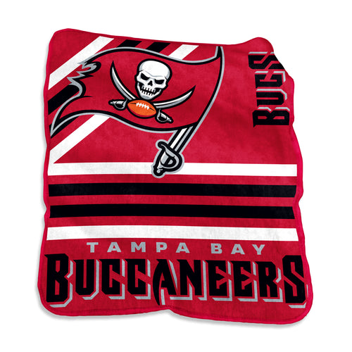 Tampa Bay Buccaneers Raschel throw blanket by Logo Brands featuring team logo and vibrant red and pewter colors.