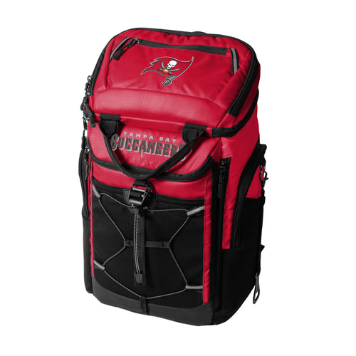 Tampa Bay Buccaneers 26-can backpack cooler by Logo Brands, featuring team logo and insulated interior for beverages.