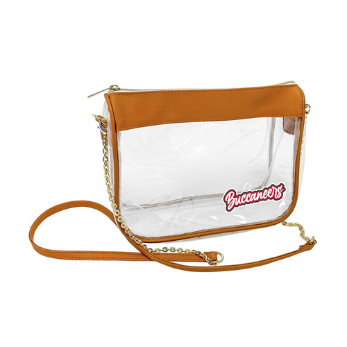 Clear Tampa Bay Buccaneers hype bag by Logo Brands, featuring team logo and bold design, perfect for game day or events.