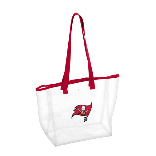 Clear tote bag featuring Tampa Bay Buccaneers logo and stadium design, perfect for game day accessories and essentials.