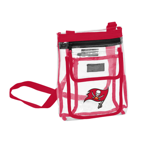 Clear crossbody bag featuring Tampa Bay Buccaneers logo and team colors, ideal for sports events and game day accessories.