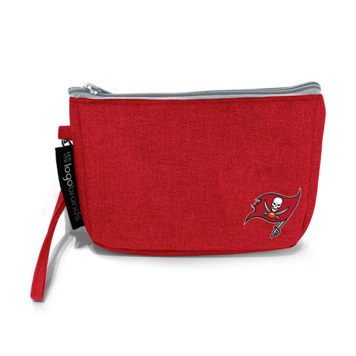 Tampa Bay Buccaneers crosshatch wristlet bag with team logo, featuring a compact design and wrist strap for easy carrying.