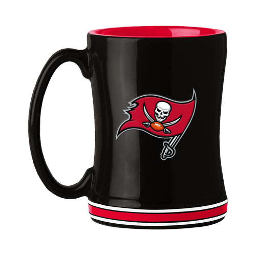 Tampa Bay Buccaneers 14oz relief mug featuring team logo, crafted by Logo Brands, with detailed team graphics on ceramic drinkware.