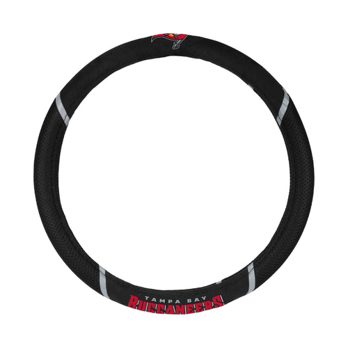 NFL Tampa Bay Buccaneers steering wheel cover by Logo Brands, featuring team logo and vibrant red and black design for auto accessories.