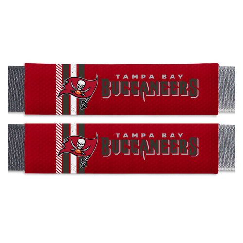 Pair of Tampa Bay Buccaneers rally seatbelt pads by Logo Brands, designed to add comfort and team spirit to car seatbelts.