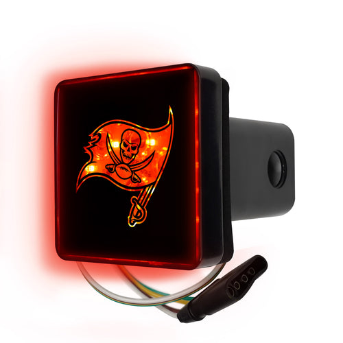 NFL Tampa Bay Buccaneers lighted hitch cover with team logo and illuminated design for vehicle trailer hitch.