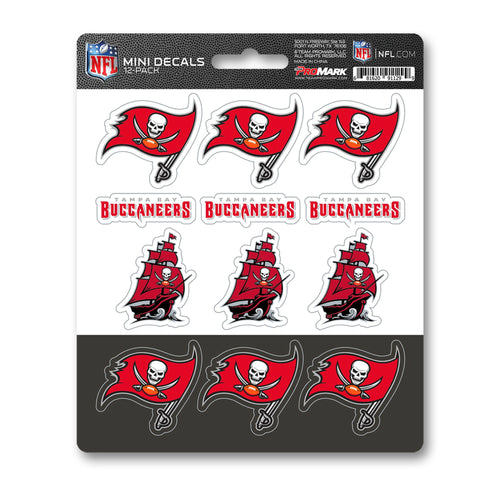 Set of 12 Tampa Bay Buccaneers mini decals by Logo Brands, featuring team logos and graphics for fans and collectors.