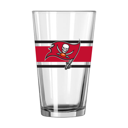 Tampa Bay Buccaneers 16oz stripe pint glass with team logo and red, black, and white striped design, made by Logo Brands.