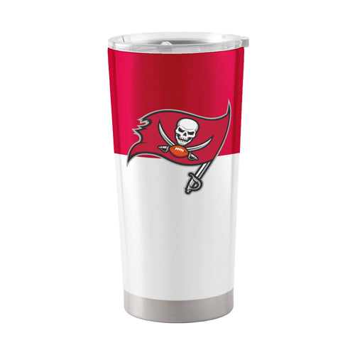 Red and black Tampa Bay Buccaneers 20oz colorblock stainless steel tumbler with team logo and spill-proof lid.