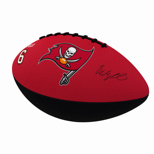 Junior size rubber football featuring Tampa Bay Buccaneers logo and Baker Mayfield branding, ideal for recreational play.
