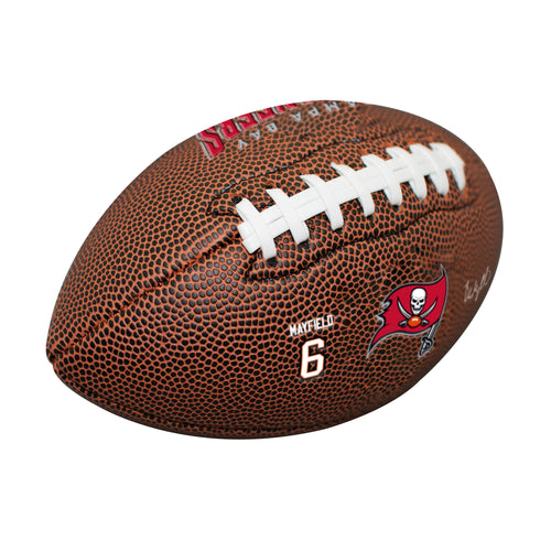 Mini Baker Mayfield Tampa Bay Buccaneers composite football for recreation by Logo Brands, featuring team logo and size details.