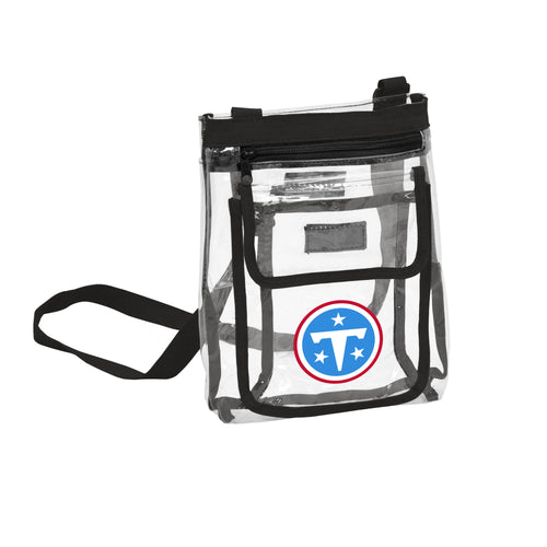 Tennessee Titans clear crossbody bag by Logo Brands, featuring team logo and adjustable strap for fans.