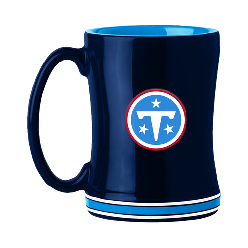 Tennessee Titans 14oz Relief Mug with team logo, ceramic drinkware for fans, featuring a textured relief design.