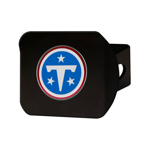 NFL Tennessee Titans hitch cover by Logo Brands featuring team logo on black background for vehicle hitch display.