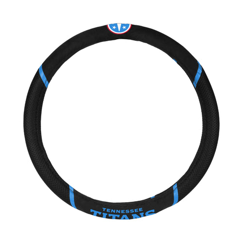 NFL Tennessee Titans steering wheel cover by Logo Brands, showcasing a blue cover with Titans logo and team colors for auto accessories.