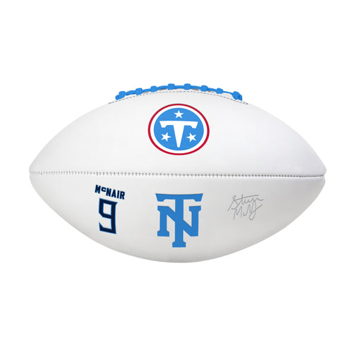 Full-size Tennessee Titans Steve McNair autograph football with Logo Brands recreation logo and handwritten signature on leather surface.