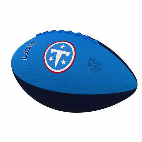 Mini rubber football featuring Tennessee Titans and Steve McNair logo, perfect for recreation and display by Logo Brands.