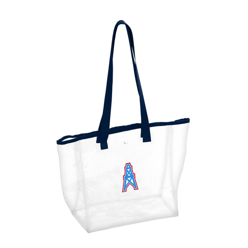 Clear tote bag featuring Houston Oilers logo design, made by Logo Brands, with sturdy handles and transparent body for easy visibility.