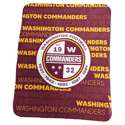 Washington Commanders classic fleece blanket by Logo Brands, featuring team logo and bold colors, cozy and soft for fans.