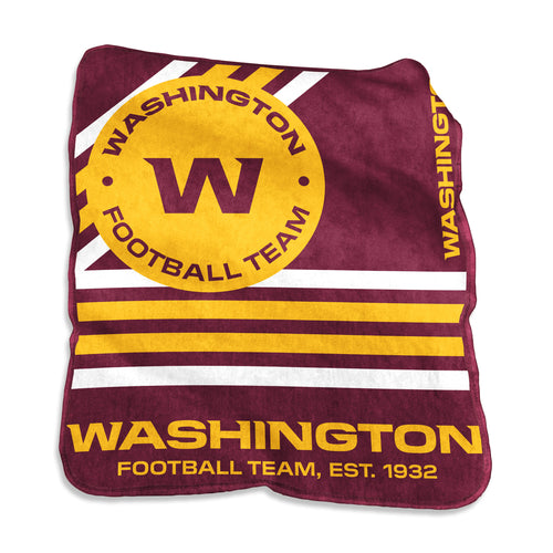 Washington Commanders Raschel throw blanket with team logo and red, white, and blue colors, soft and cozy for fans.