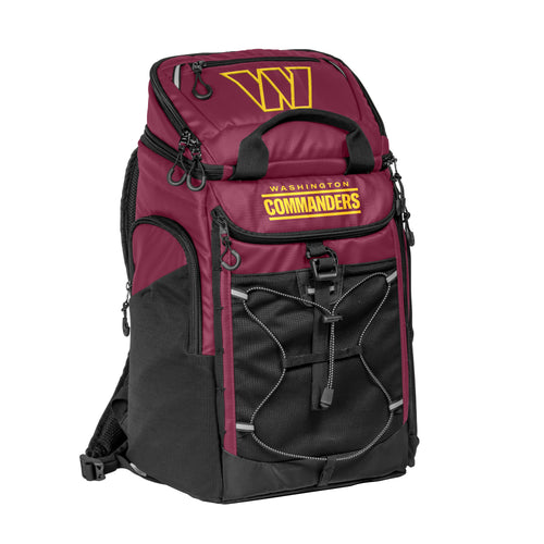 Washington Commanders 26-can backpack cooler by Logo Brands, showing the insulated cooler with team logo and adjustable straps.