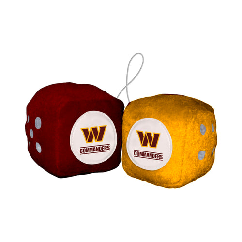 NFL Washington Commanders fuzzy dice for car interior decor featuring team logo in bright colors.