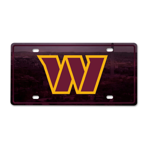 NFL Washington Commanders flat metal license plate with team logo and bold graphics, ideal for vehicle or fan display.