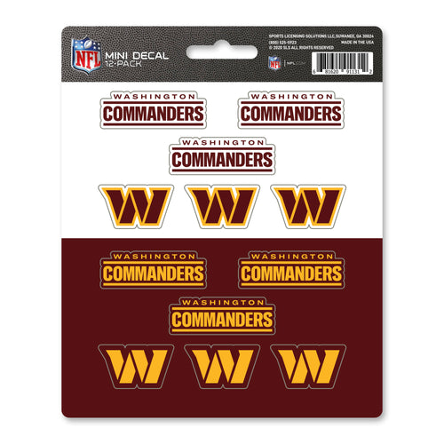 Set of 12 Washington Commanders mini decals by Logo Brands featuring team logo designs on adhesive stickers.