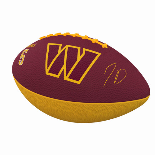 Junior size rubber football featuring Washington Commanders and Jayden Daniels logo, perfect for recreation and outdoor play.