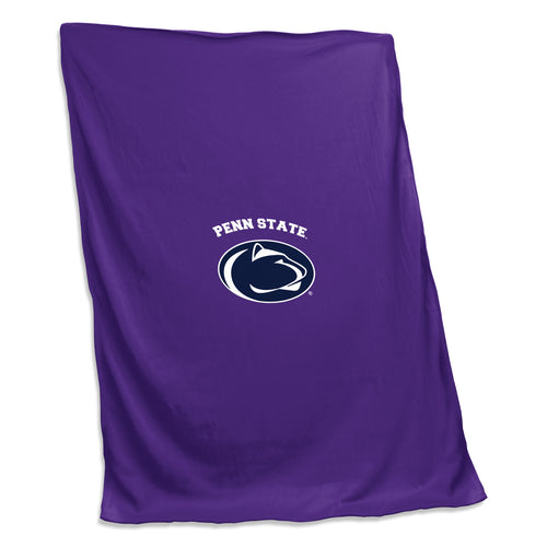 Purple Penn State Lion Head sweatshirt blanket by Logo Brands, featuring detailed lion head screen print on soft fabric.