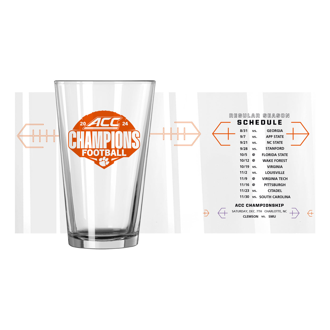 Clemson 2024 ACC Champions 16oz Schedule Pint Glass