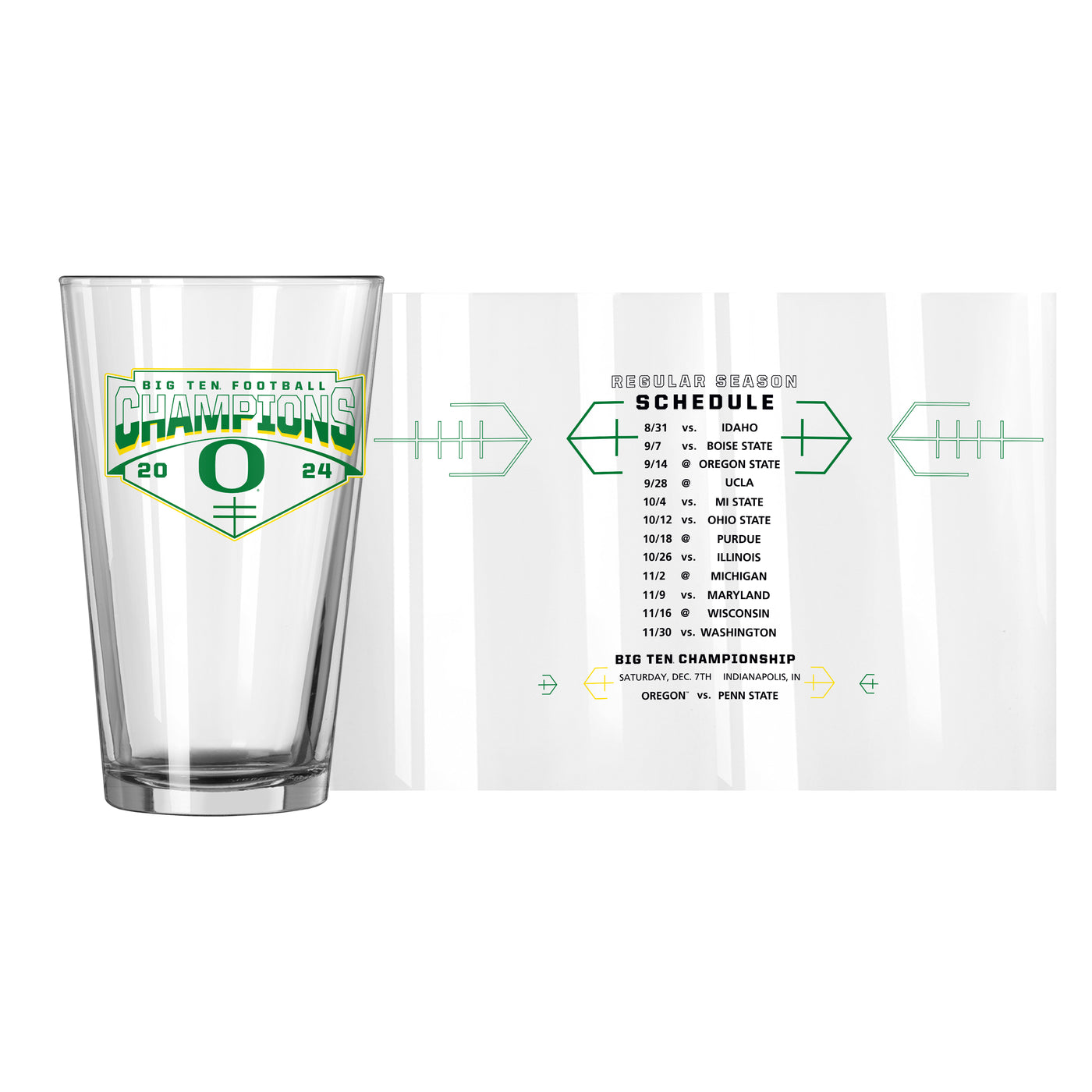 Oregon 2024 BIG10 Champions 16oz Schedule Pint Glass