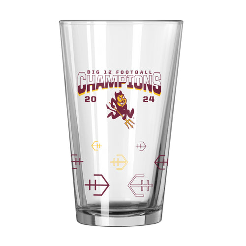 Arizona State 2024 BIG12 Champions 16oz pint glass with team logo, perfect for displaying team pride in drinkware.