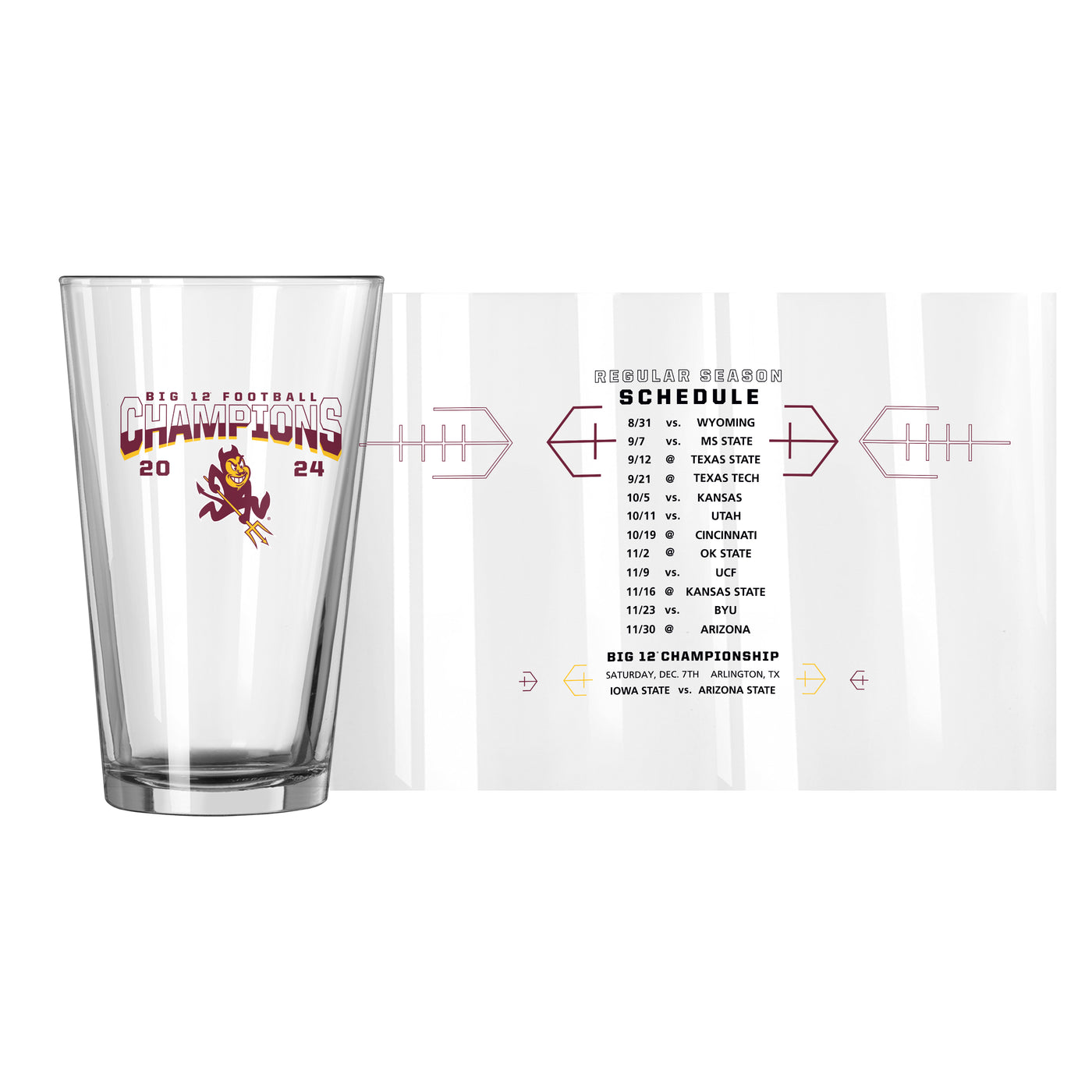 Arizona State 2024 BIG12 Champions 16oz Schedule Pint Glass