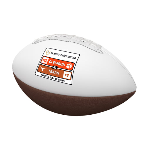 Recreation Texas CFP Round 1 Match Up mini autograph football with Logo Brands logo and official game design.