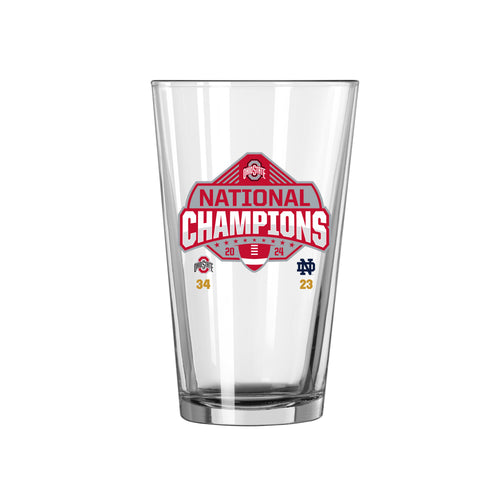 Ohio State 2024 National Champions 16oz commemorative pint glass by Logo Brands, featuring team logo and celebratory design.