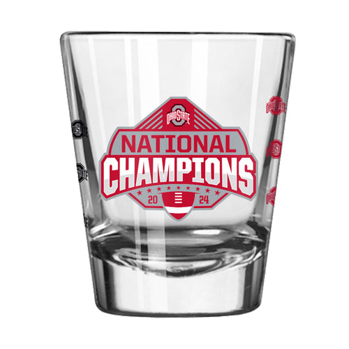 Ohio State 2024 National Champions 2oz shot glass featuring team logo and championship design, made by Logo Brands.