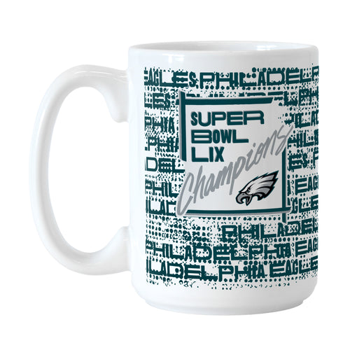 Philadelphia Eagles Super Bowl 59 Champions 15oz sublimated mug featuring team roster and logo, perfect for fans.
