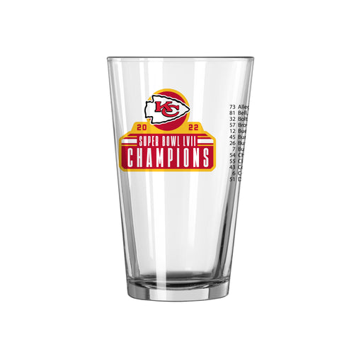 KC Chiefs 16oz SB Champions roster pint glass featuring team logo and roster details, made by Logo Brands for football fans.