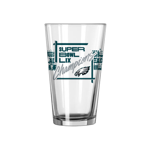 Philadelphia Eagles Super Bowl 59 Champions 16oz pint glass featuring team logo and vibrant team colors for sports fans.