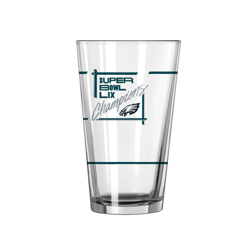 Philadelphia Eagles Super Bowl 59 Champions 16oz schedule pint glass featuring team logo and celebratory design.