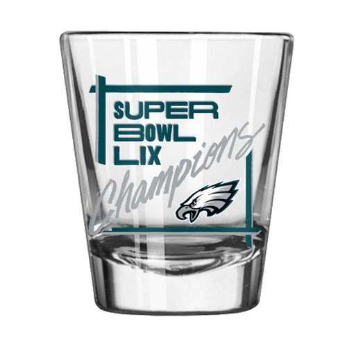 Philadelphia Eagles Super Bowl 59 Champions 2oz shot glass, Logo Brands drinkware featuring team logo and celebratory design.