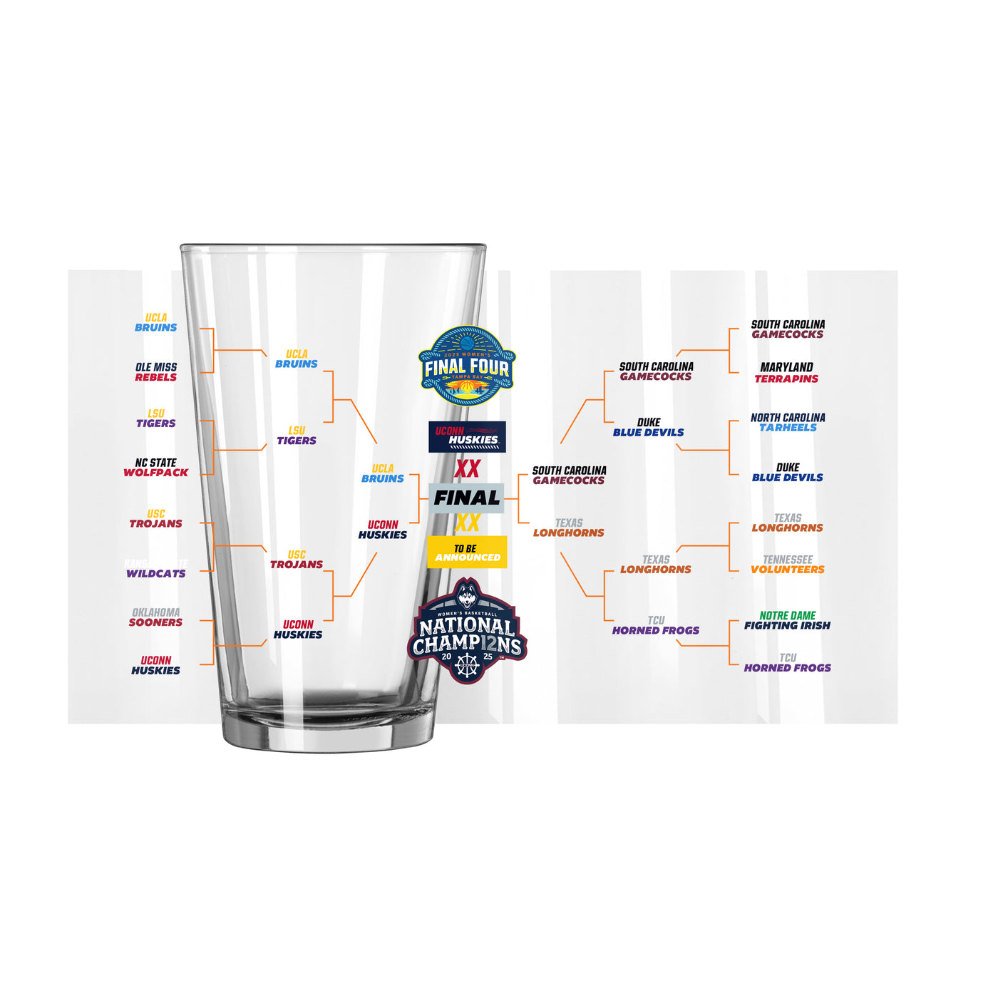 UCONN 2025 Womens Basketball Champions 16oz Bracket Pint Glass