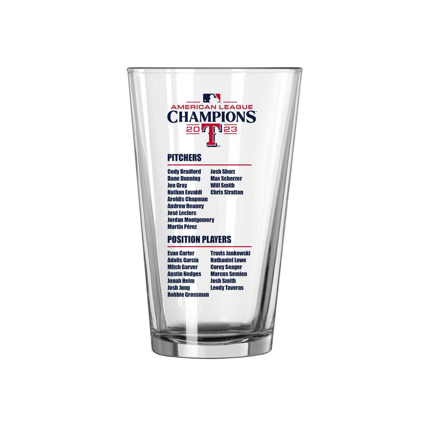 Texas Rangers 16oz 2023 AL Champions Roster Pint Glass