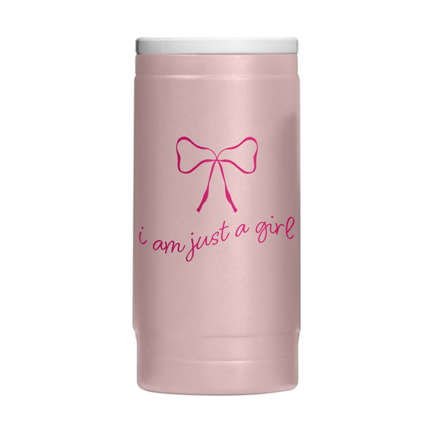 Just A Girl 12oz Pink Bow Powdercoat SlimCan Coolie
